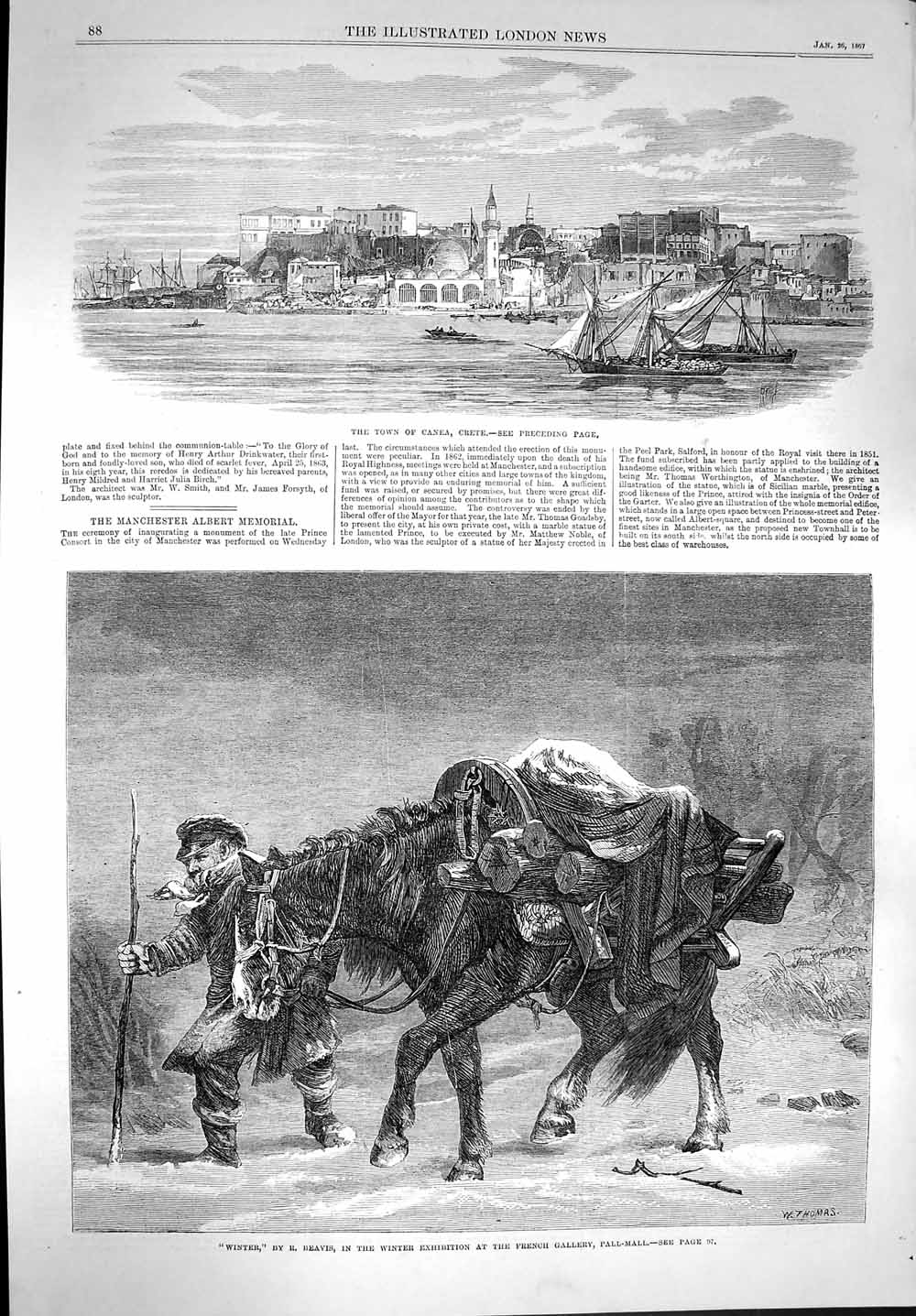 Original Old Antique Print 1867 View Town Canea Crete Winter Snow Scene Ma 19th