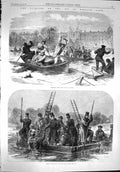 Original Old Antique Print 1867 Disaster Rink Regent'S Park London Boats Rescue