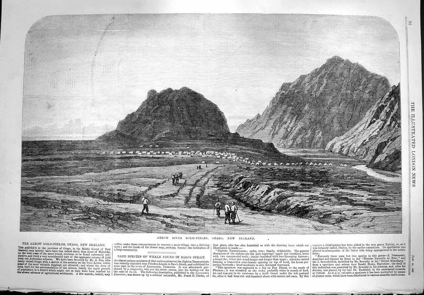 Original Old Antique Print 1867 Arrow River GFields Otago New Zealand Victorian