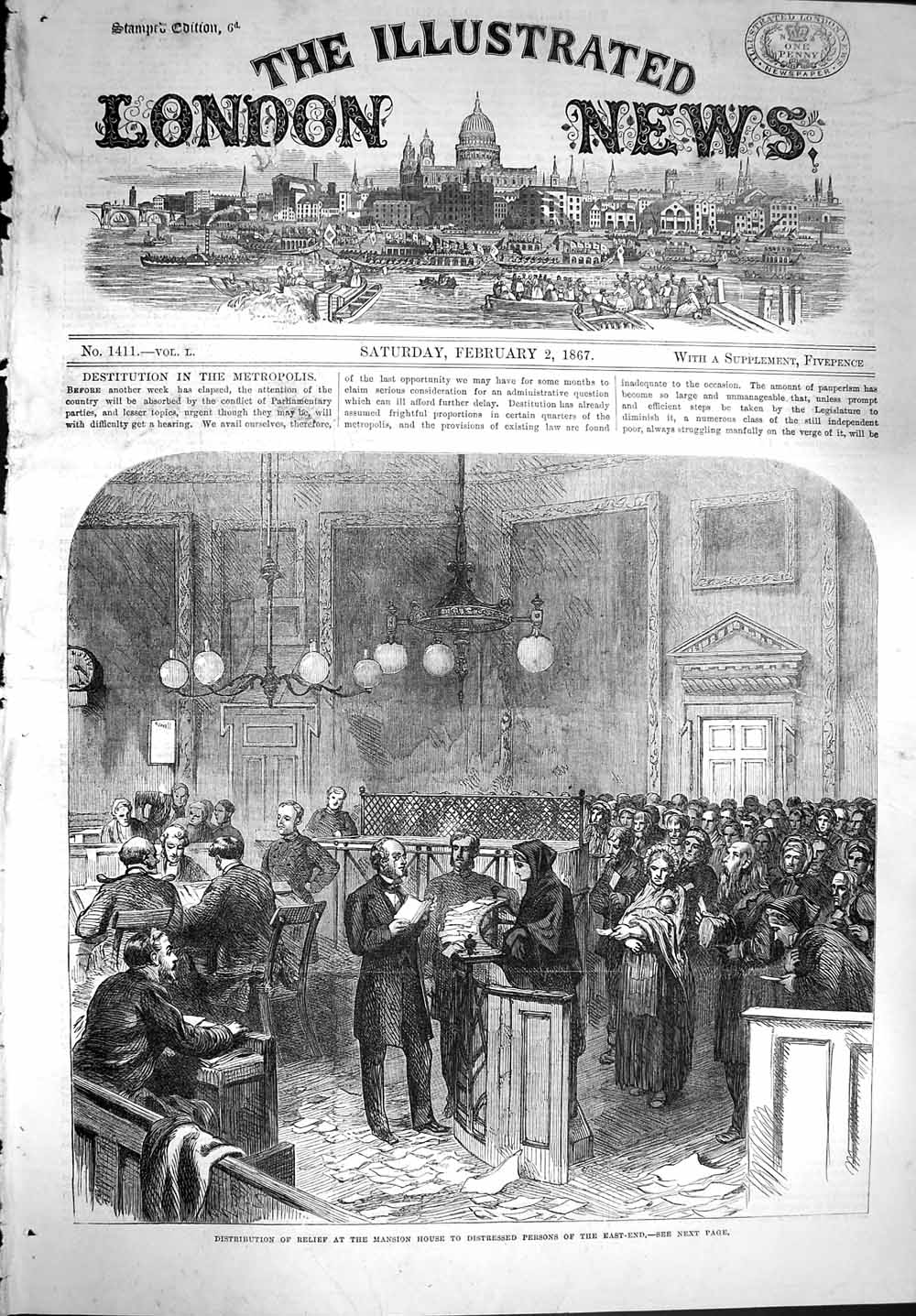 Antique Old Print *3591 1867 Distribution Relief Mansion House Poor People