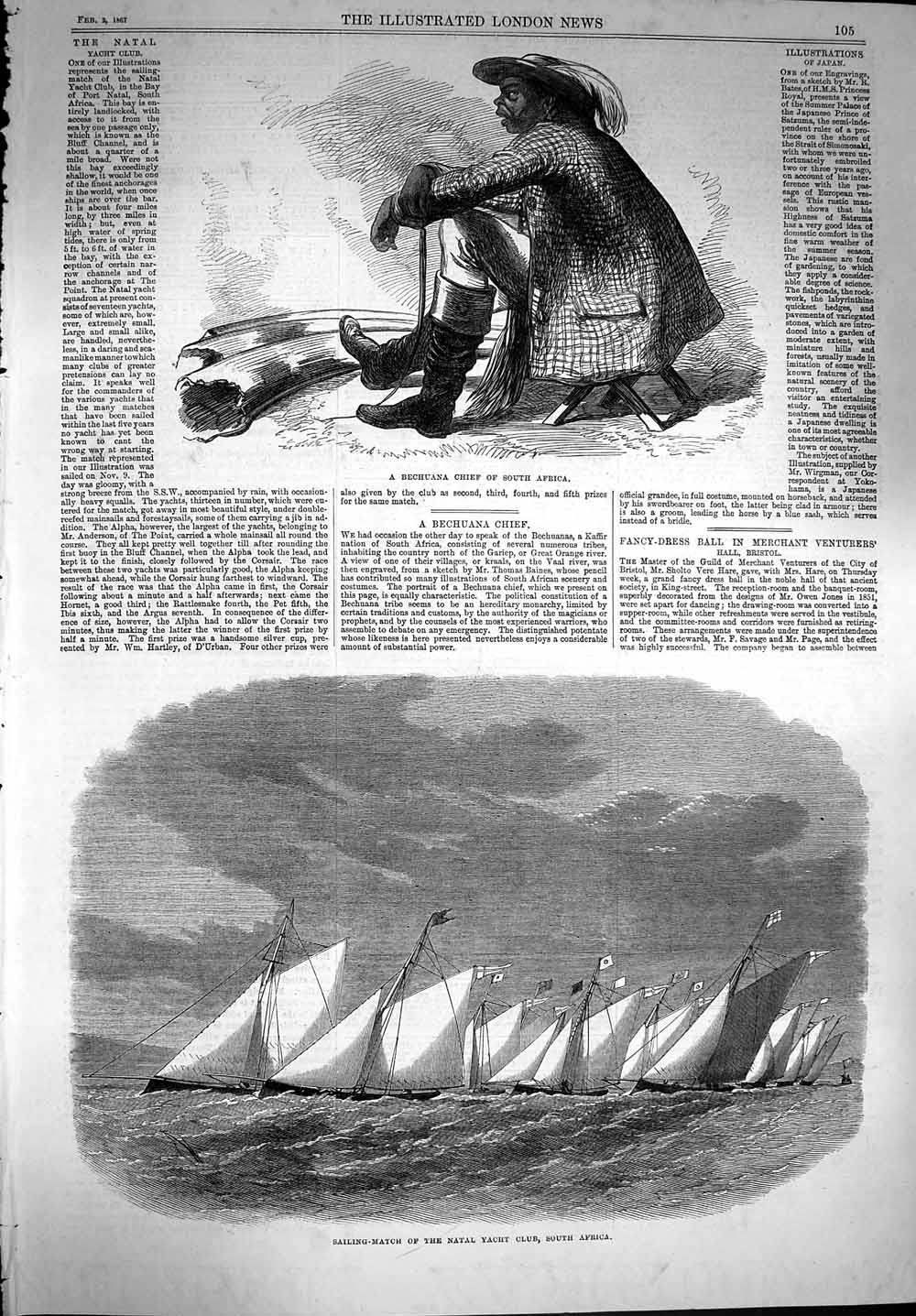 Original Old Antique Print 1867 Bechuana Chief Africa Natal Yacht Match Sailing