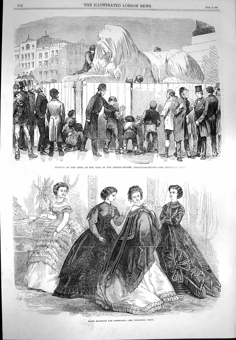 Old Antique Print 1867 Paris Fashion Lions Nelson Column Trafalgar Square 19th