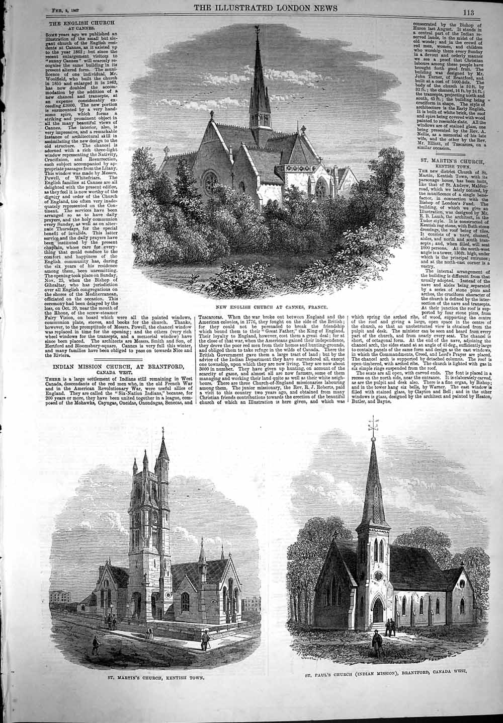 Original Old Antique Print 1867 English Church Cannes France Church Brantford