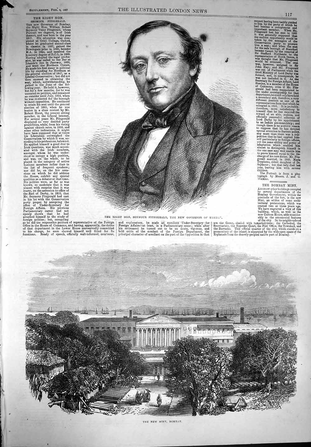 Original Old Antique Print 1867 Seymour Fitzgerald Governor Bombay New Mint