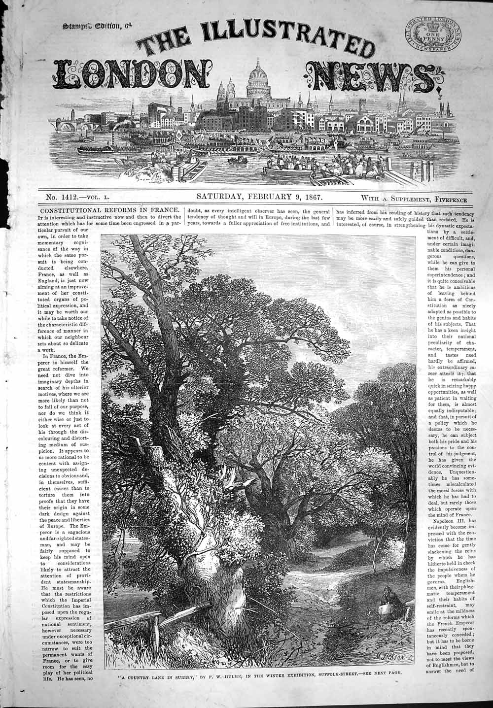 Original Old Antique Print 1867 View Country Lane Surrey England Hulme 19th