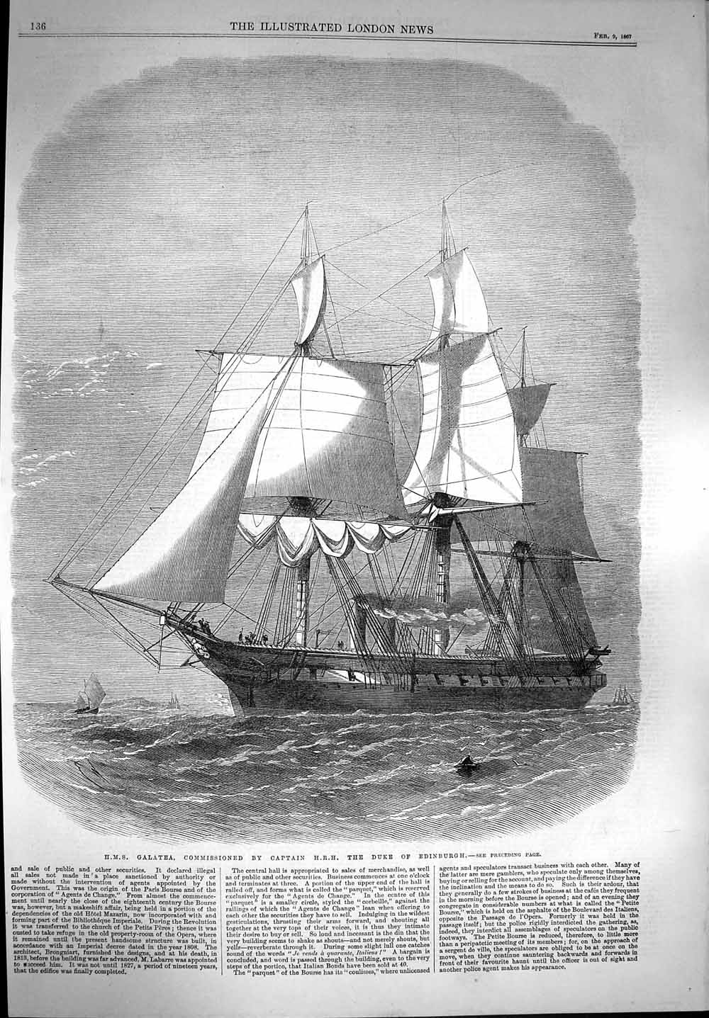 Original Old Antique Print 1867 Ship H.M.S. Galatea Captain Duke Ed Victorian