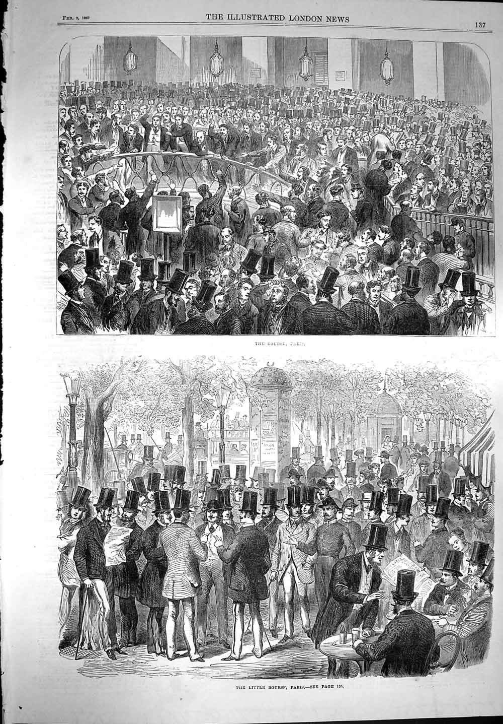 Original Old Antique Print 1867 Little Bourse Paris Men France 19th