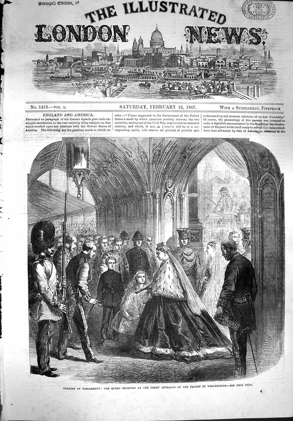 Old Antique Print 1867 Parliament Queen Peers Entrance Palace Westminster 19th