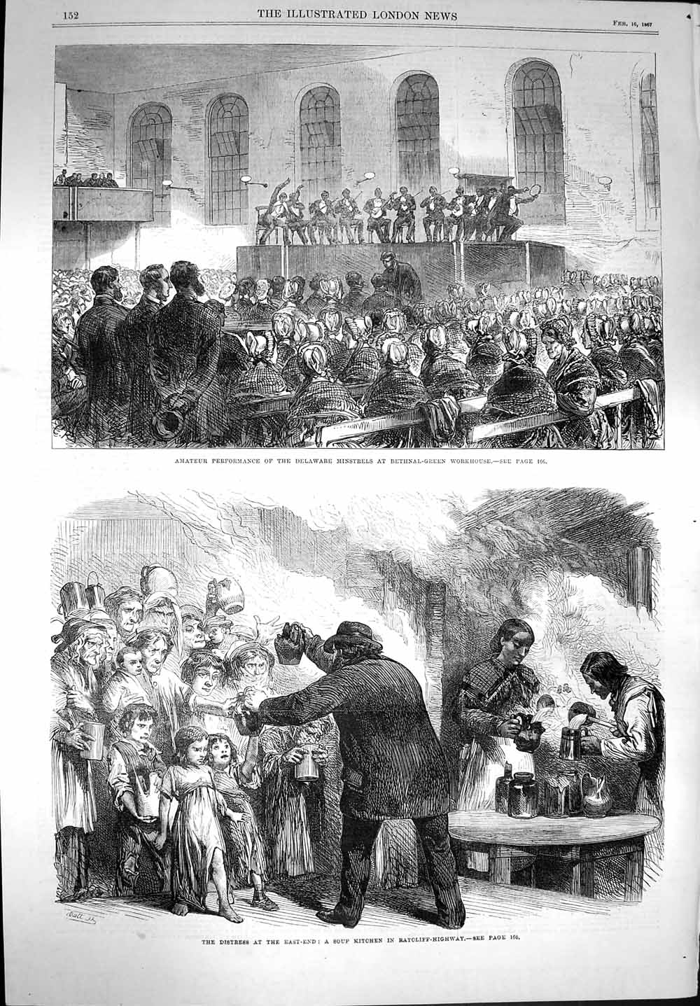 Original Old Antique Print 1867 Delaware Minstrels Bethnal Soup Kitchen London