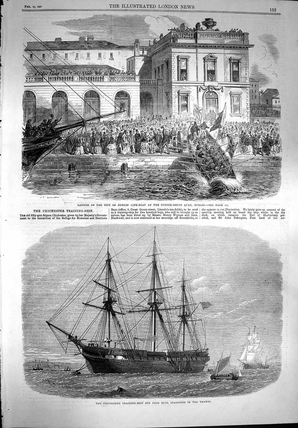 Old Antique Print 1867 Dublin Life-Boat Dublin Chichester Training Ship 19th