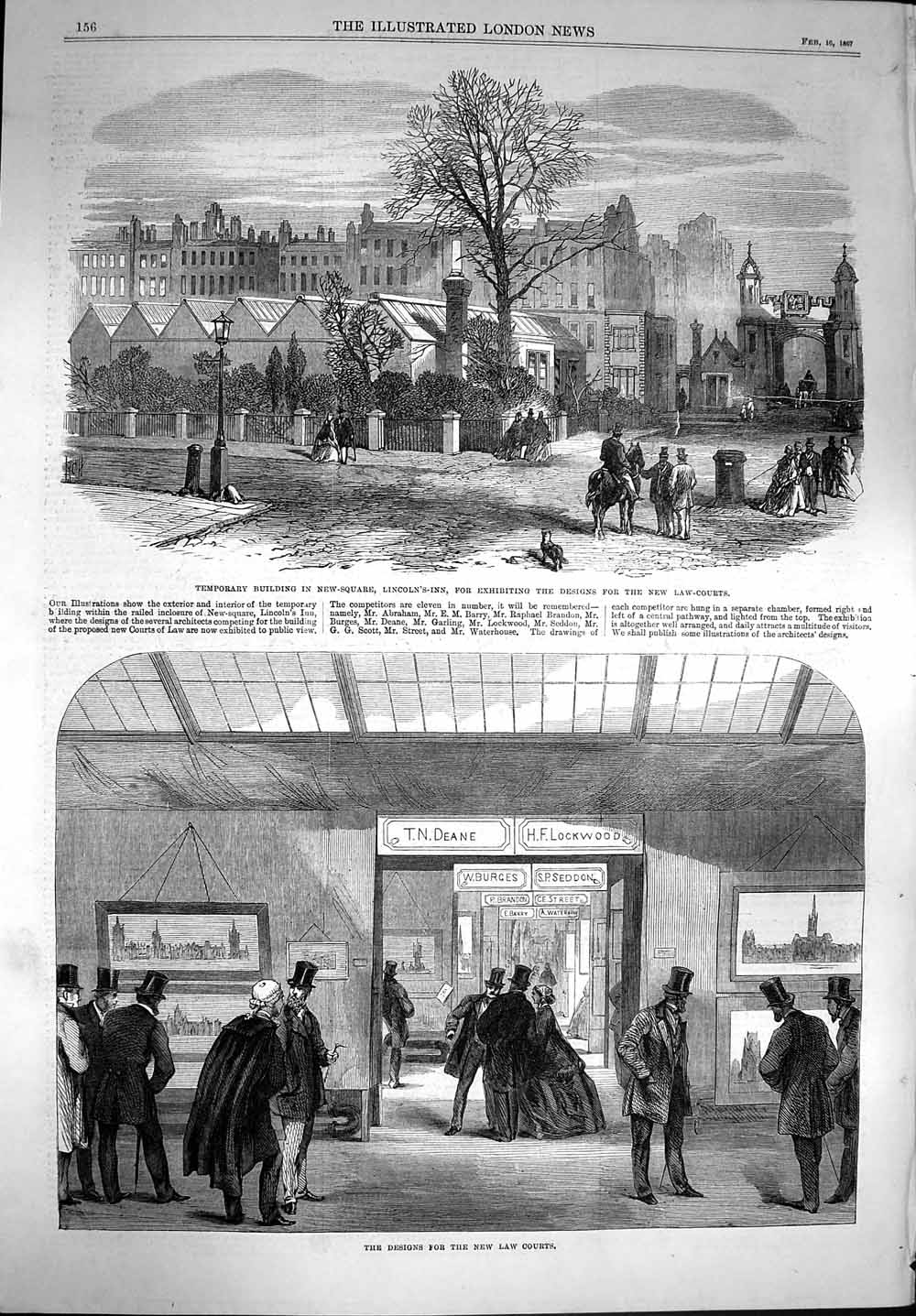 Original Old Antique Print 1867 Design Law Courts Lincoln'S-Inn Building 19th