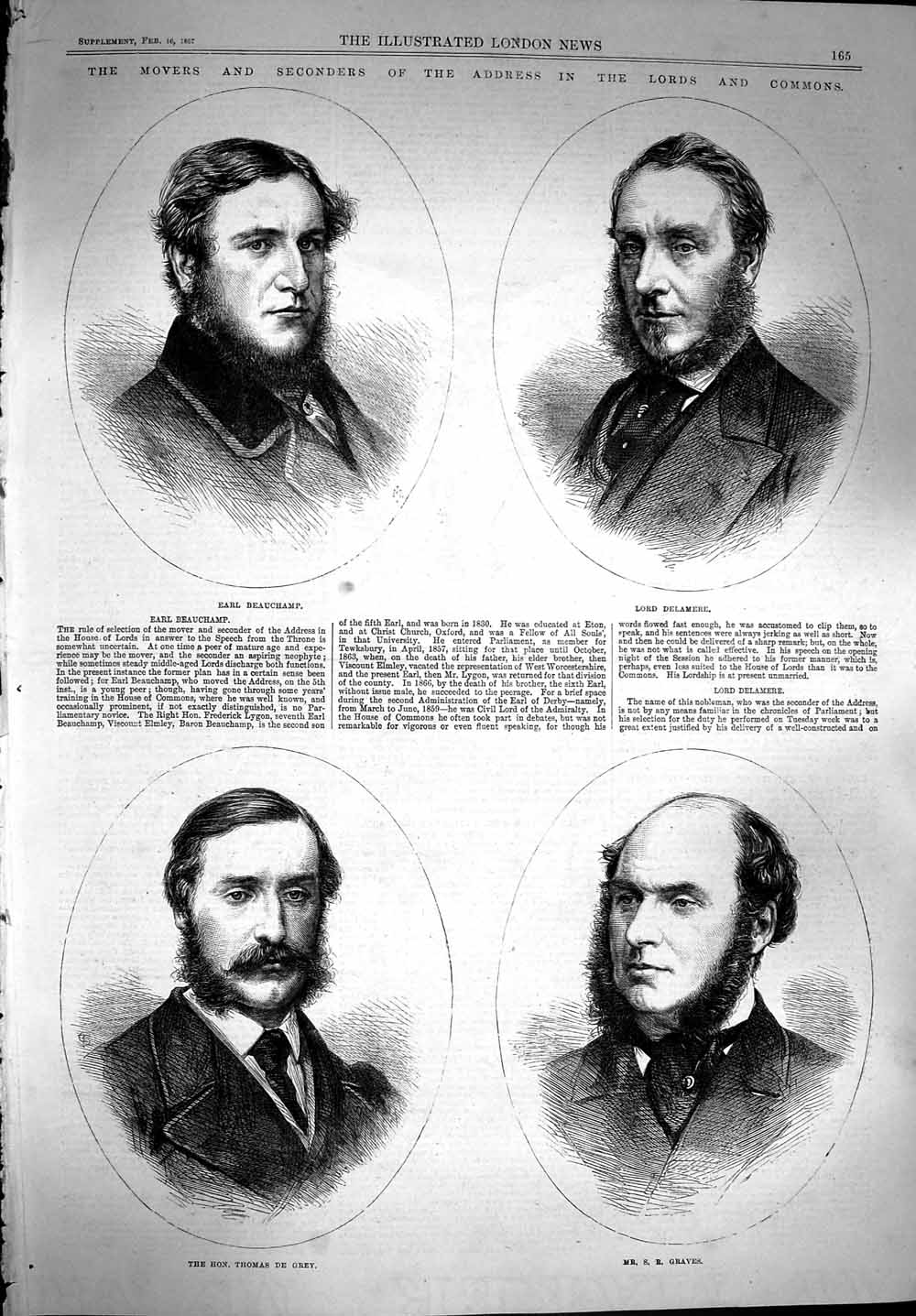Original Old Antique Print 1867 Earl Beauchamp Delamere De Grey Graves Commons