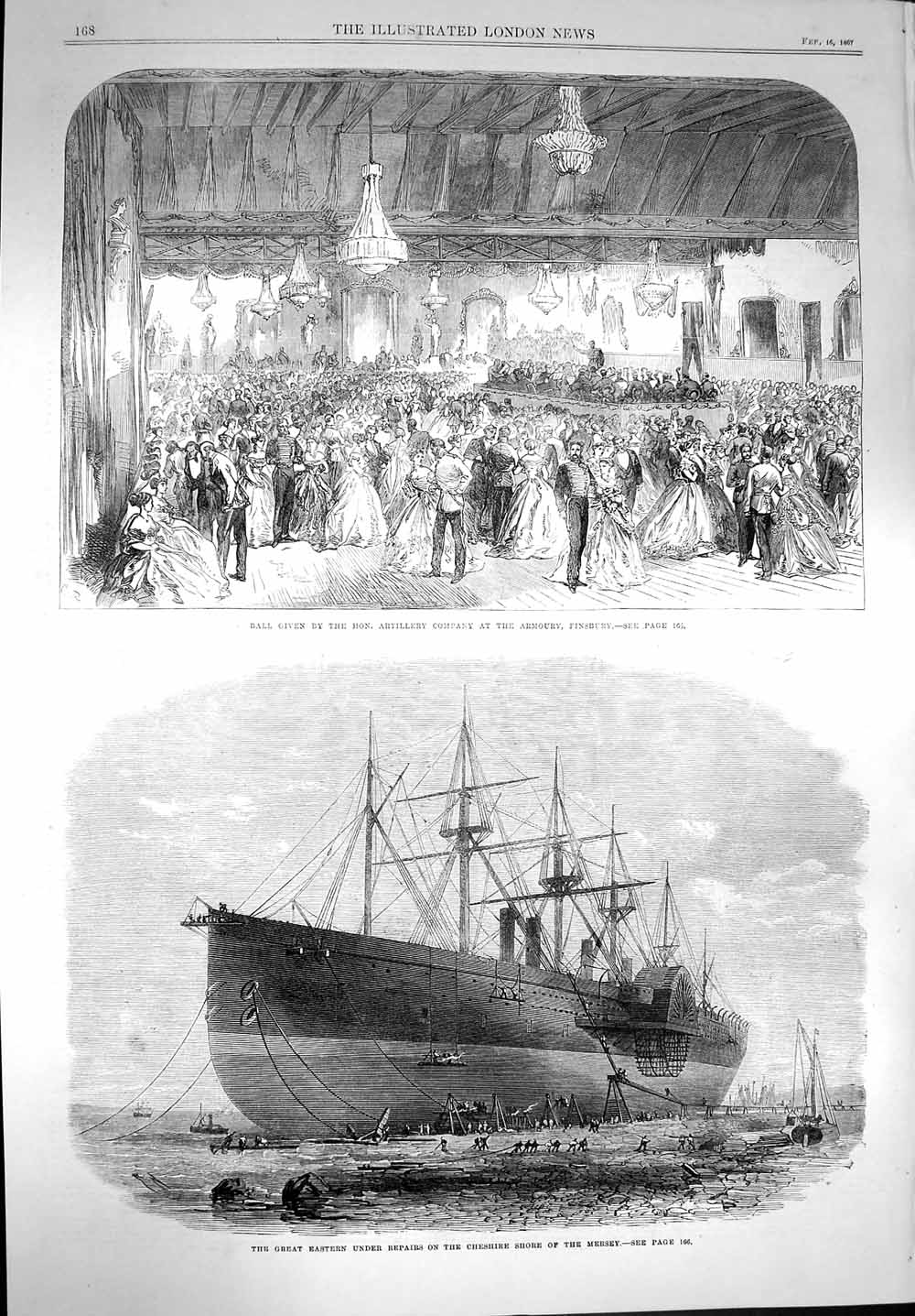Old Antique Print 1867 Great Eastern Ship Cheshire Ball Armoury Finsbury 19th
