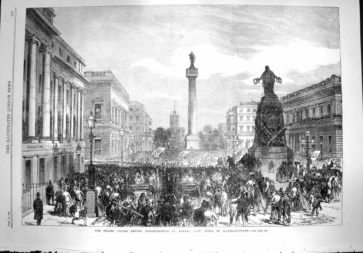 Antique Old Print *3594 1867 Trades Union Reform Demonstration Waterloo Place