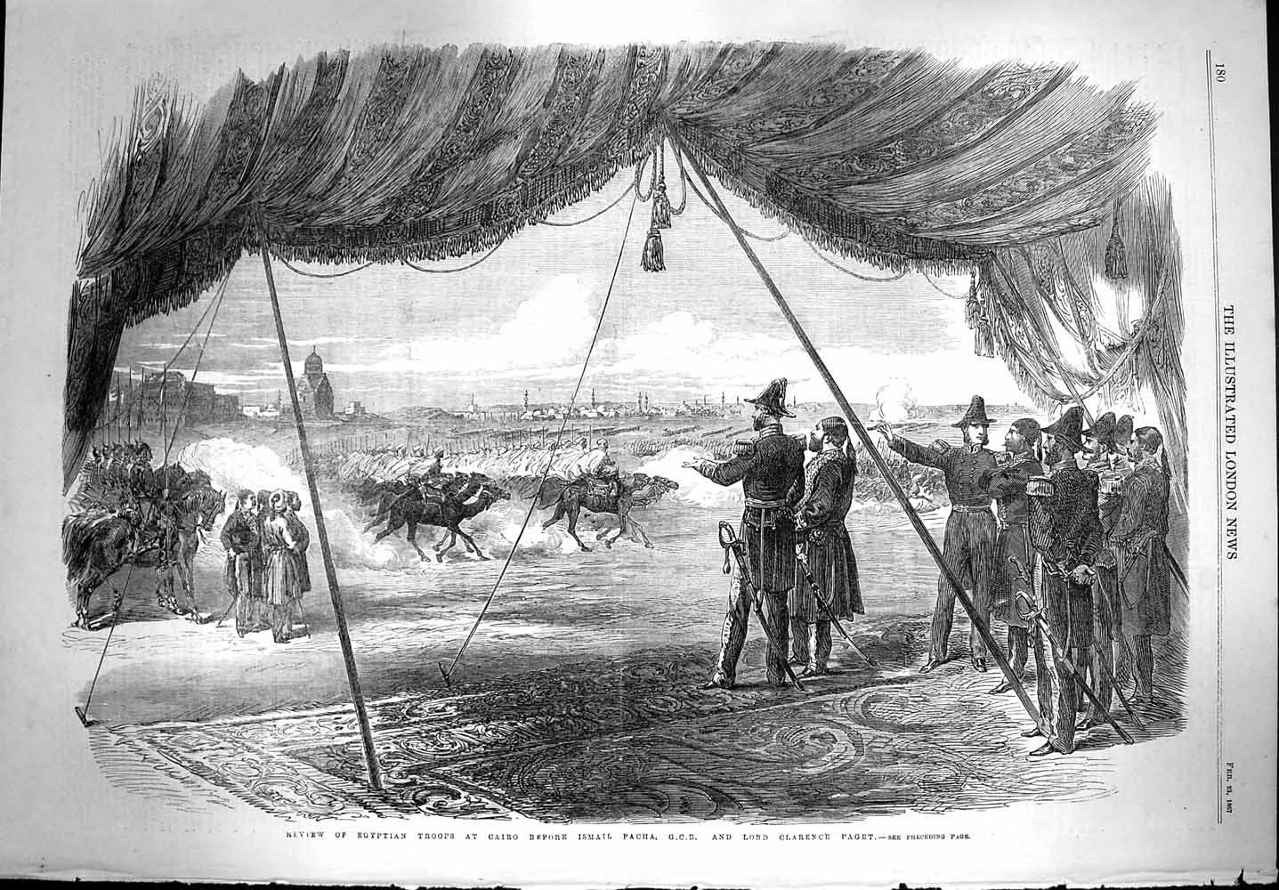 Original Old Antique Print 1867 Review Egyptian Troops Cairo Ismail Pacha Paget