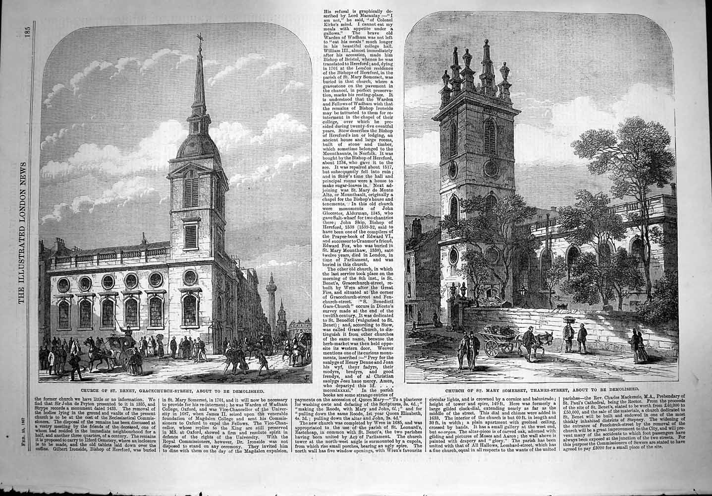 Original Old Antique Print 1867 Church Benet Mary Somerset Thames Gracechurch