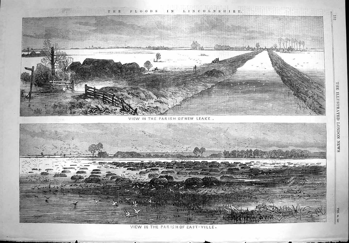 Old Antique Print 1867 Floods Lincolnshire Parish Leake East-Ville River 19th