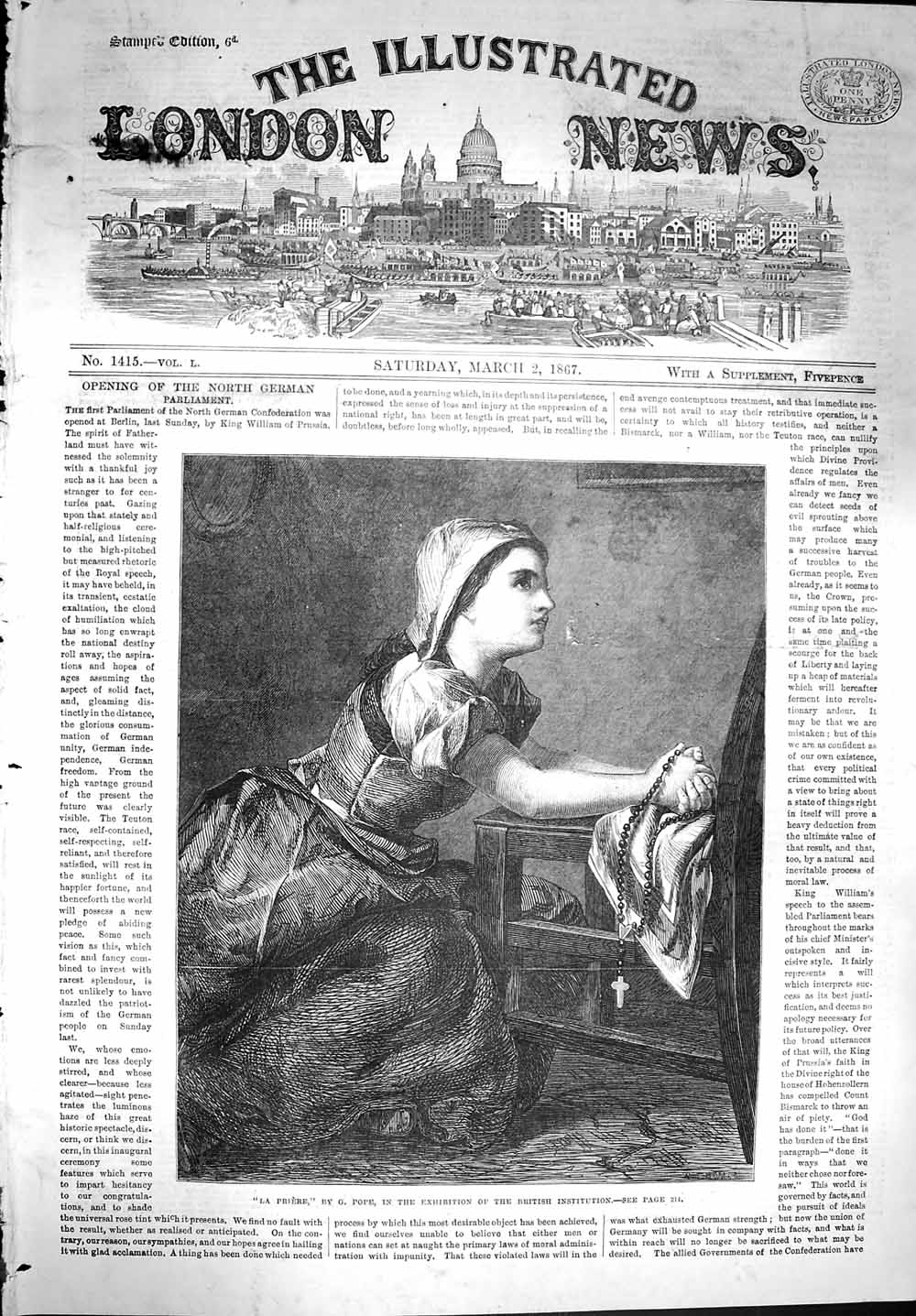Original Old Antique Print 1867 La Priere Young Girl Praying Pope Victorian