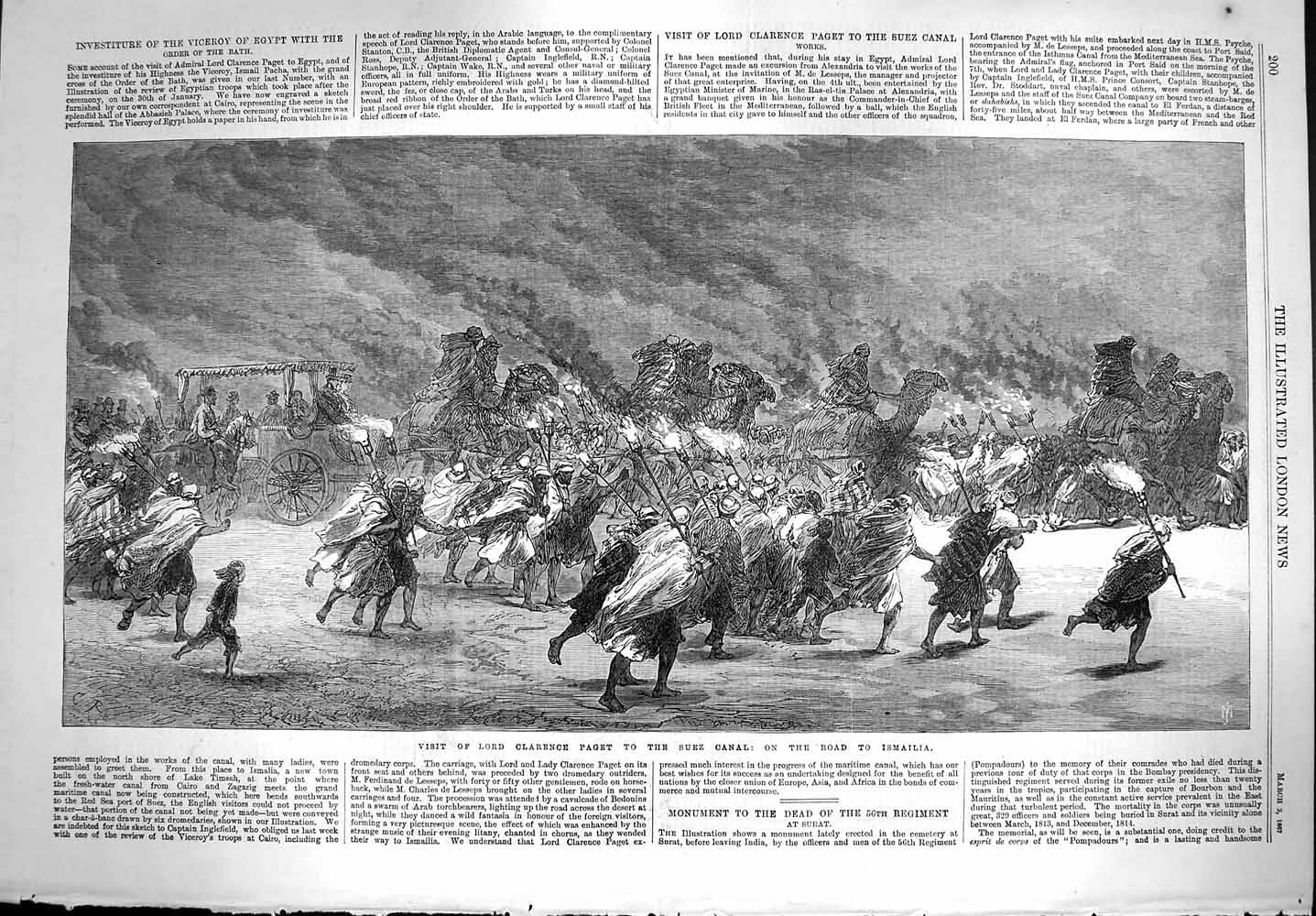 Original Old Antique Print 1867 Lord Clarence Paget Suex Canal Ismailia Camels