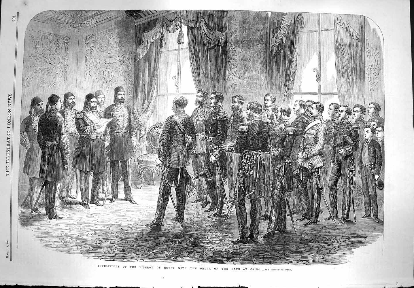 Original Old Antique Print 1867 Investiture Viceroy Egypt Order Bath Cairo 19th
