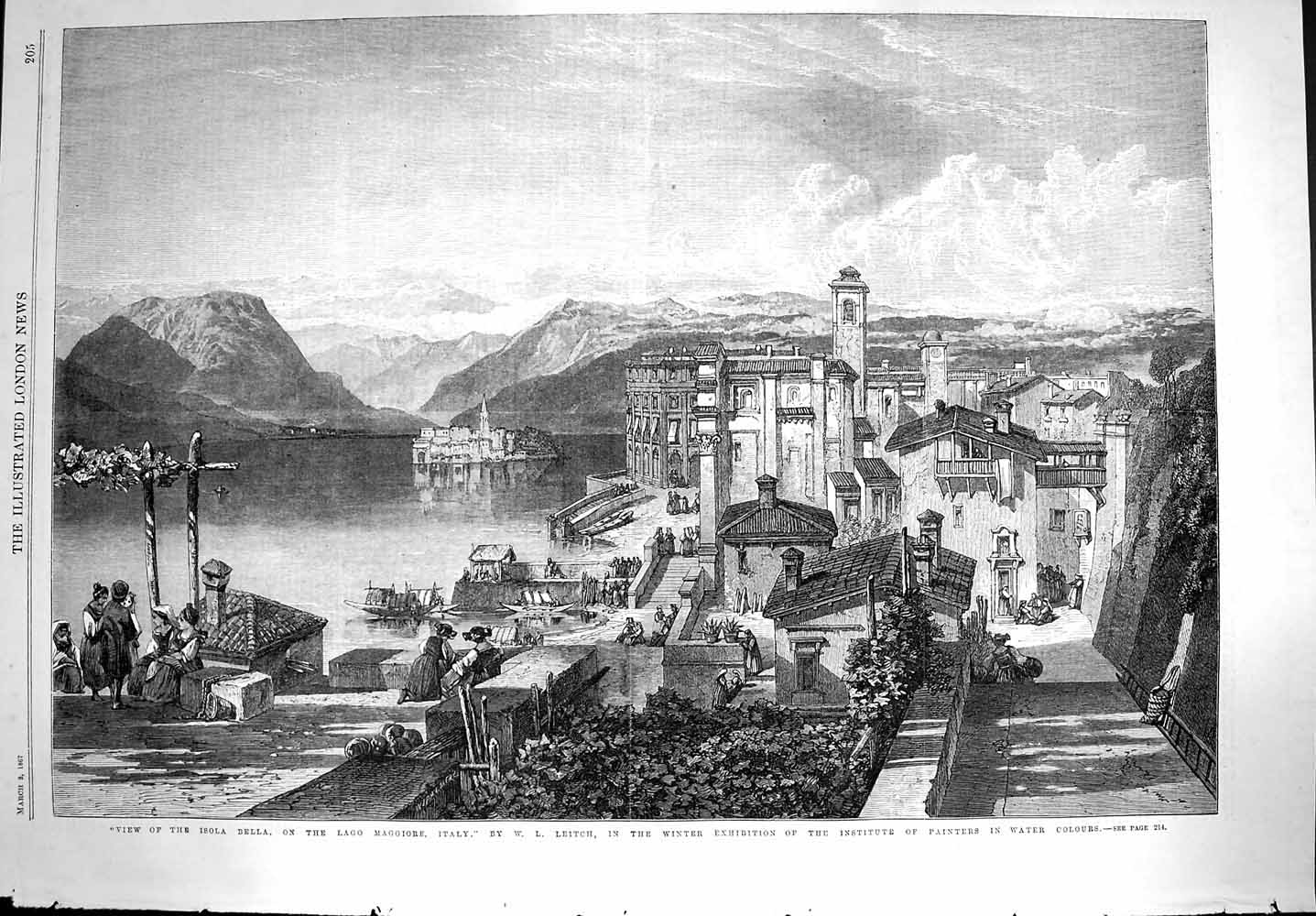 Original Old Antique Print 1867 Isola Bella Lago Maggiore Italy Mountains F 19th