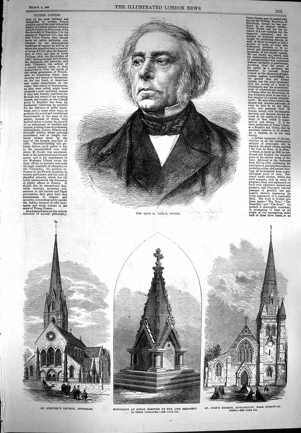 Original Old Antique Print 1867 Victor Cousin Monument Surat Church Lewisham