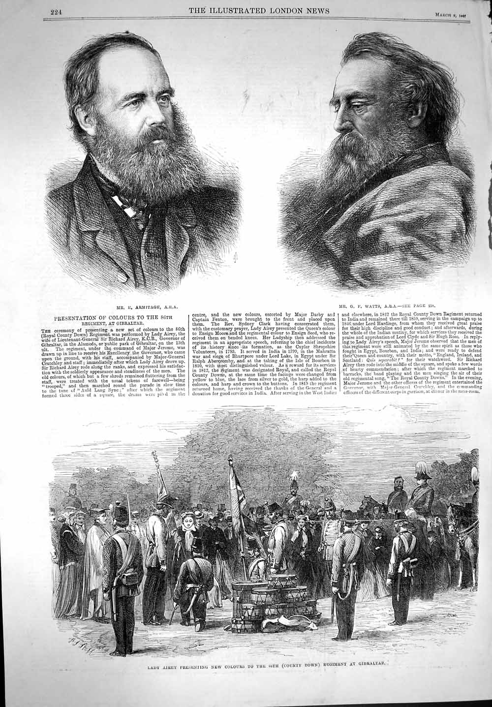 Original Old Antique Print 1867 Armitage Watts Lady Airey Regiment Gibraltar
