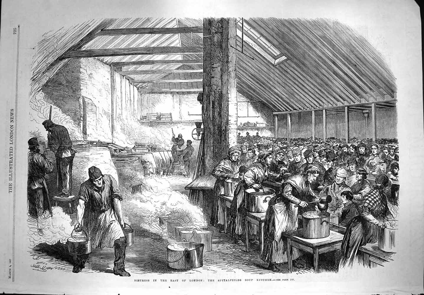 Original Old Antique Print 1867 Distress London Spitalfields Soup Kitchen Poor