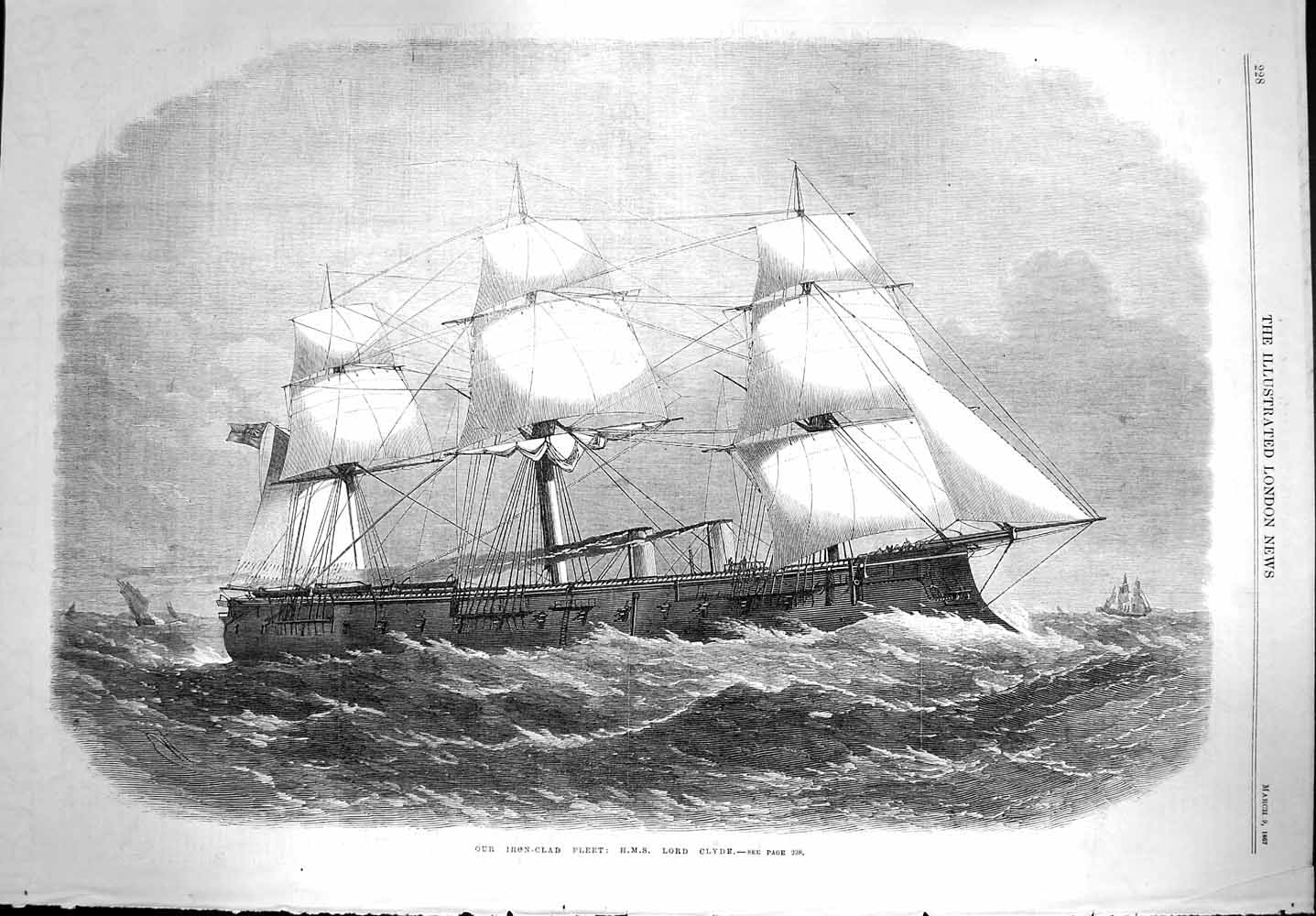 Original Old Antique Print 1867 Iron Clad Ship H.M.S. Lord Clyde Sailing F 19th