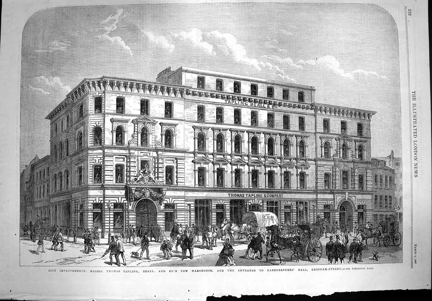 Old Antique Print 1867 Thomas Tapling Beall Warehouse Haberdasher'S Hall 19th