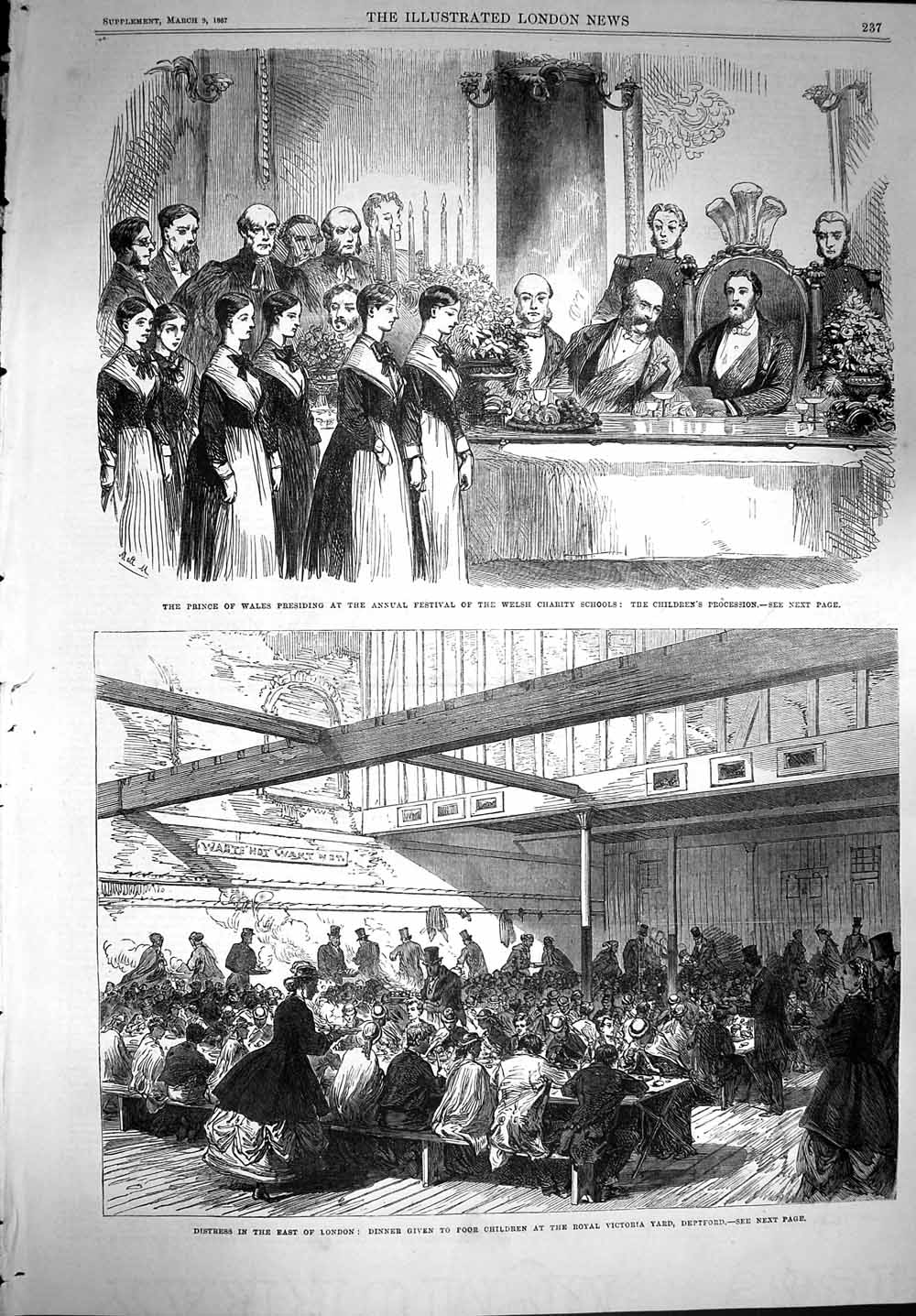 Old Antique Print 1867 Prince Wales Welsh Charity School Dinner Deptford 19th