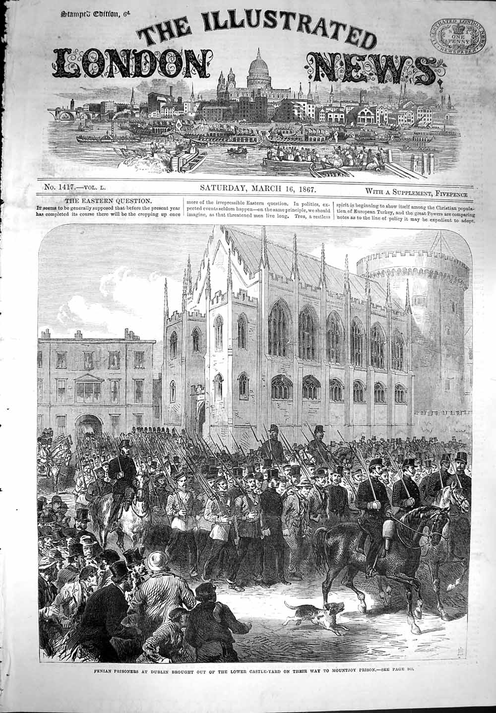 Original Old Antique Print 1867 Fenian Prisoners Dublin Castle-Yard Mountjoy