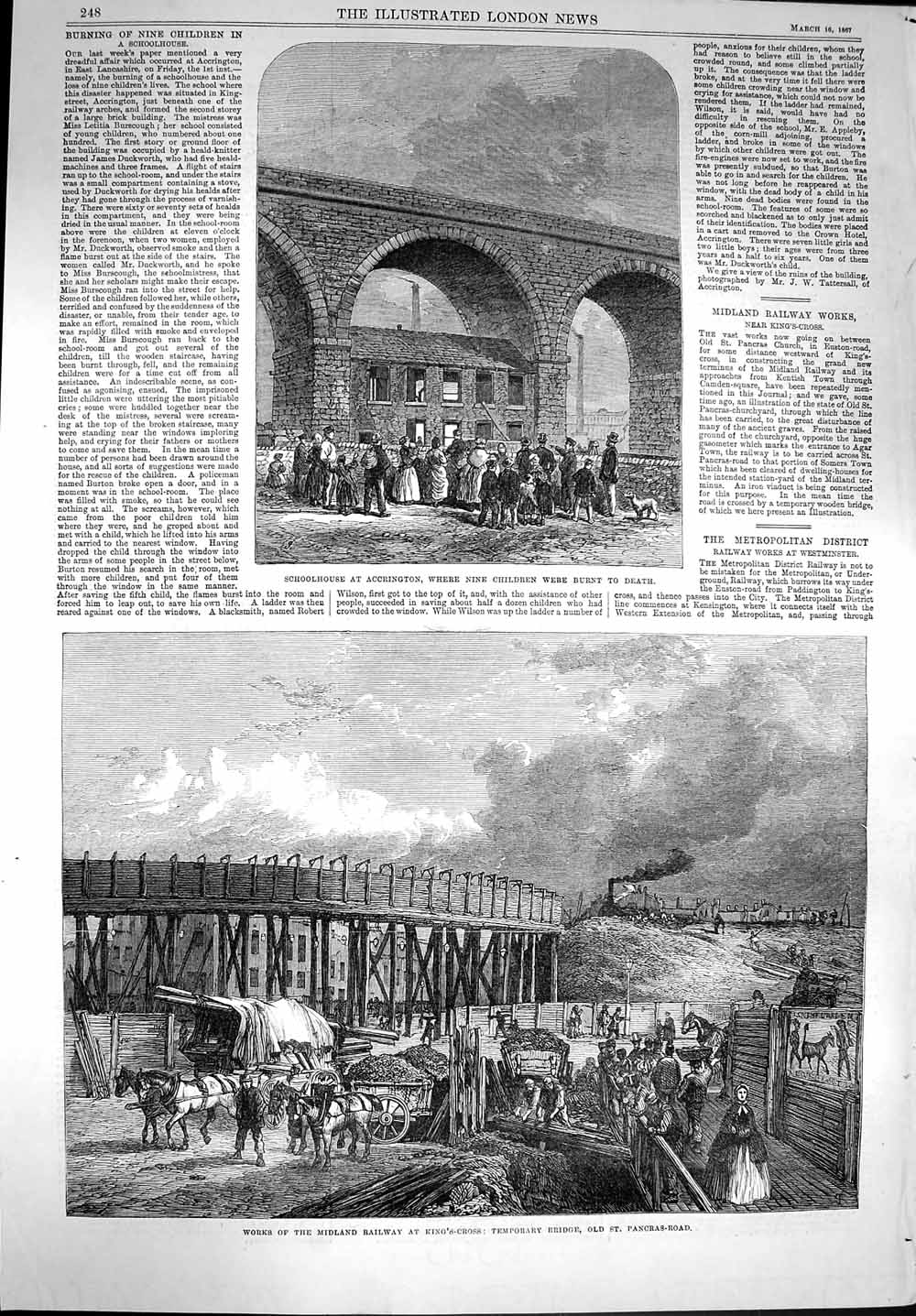 Original Old Antique Print 1867 Schoolhouse Accrington Railway King'S Cross