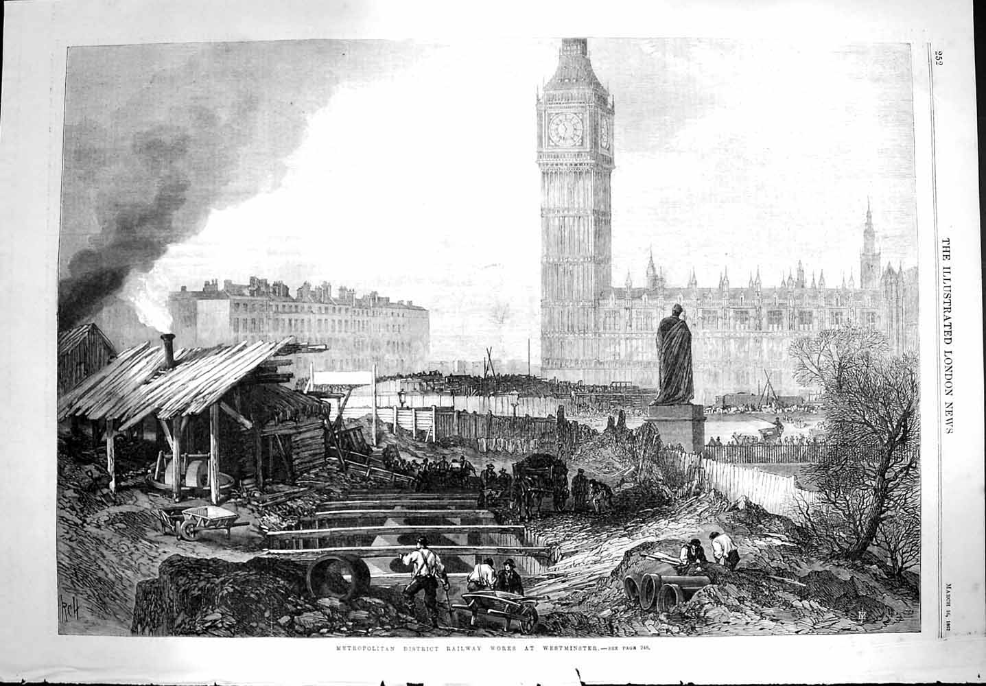Antique Old Print *3599 1867 Metropolitan District Railway Works Westminster