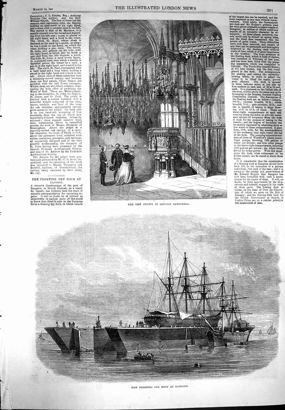Antique Old Print *3604 1867 Pulpit Lincoln Cathedral Floating Dock Rangoon
