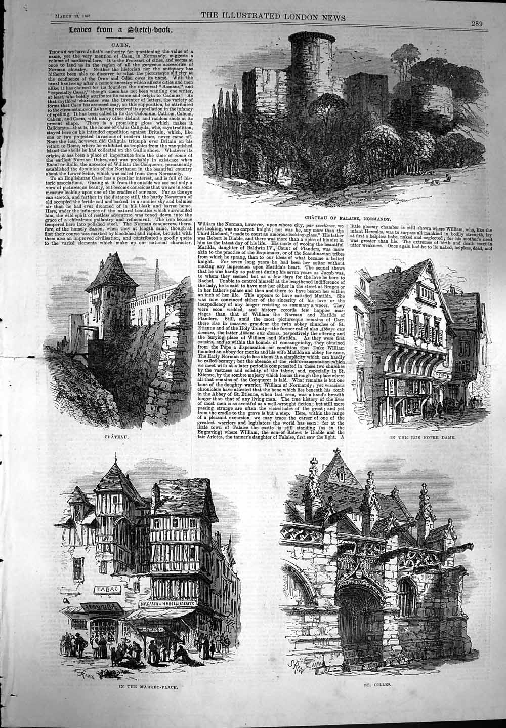 Antique Old Print *3605 1867 Caen Chateau Falaise Normandy Notre Dame Gilles