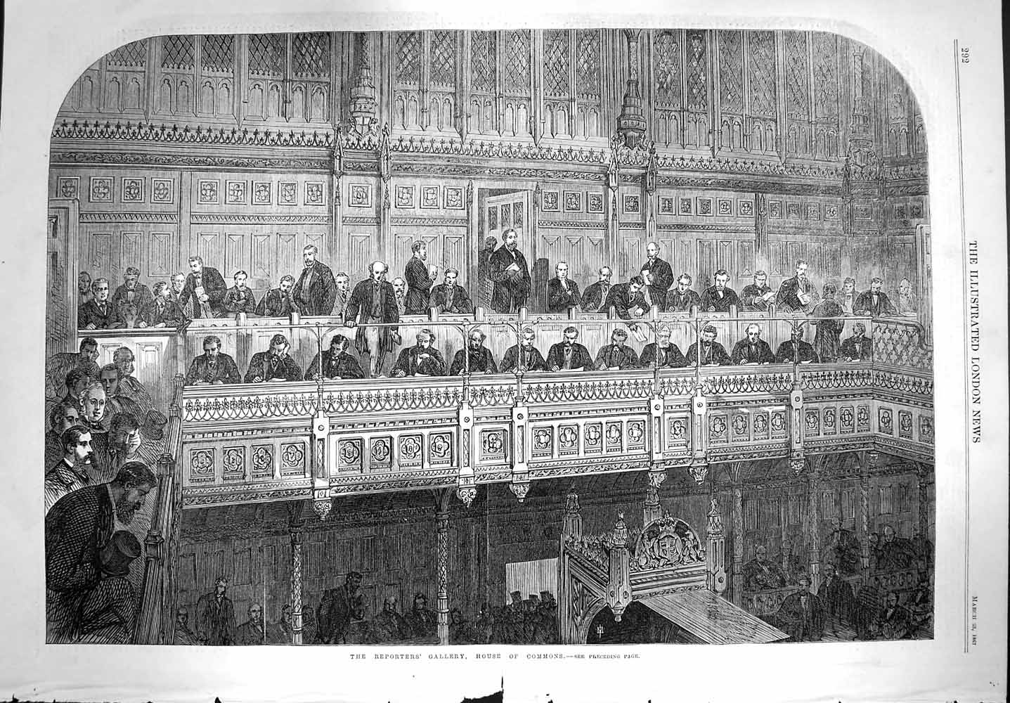 Original Old Antique Print 1867 Reporters Gallery House Commons Parliament 19th