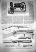 Original Old Antique Print 1867 Gatling Battery-Gun Cahssepot Rifle Fren 19th