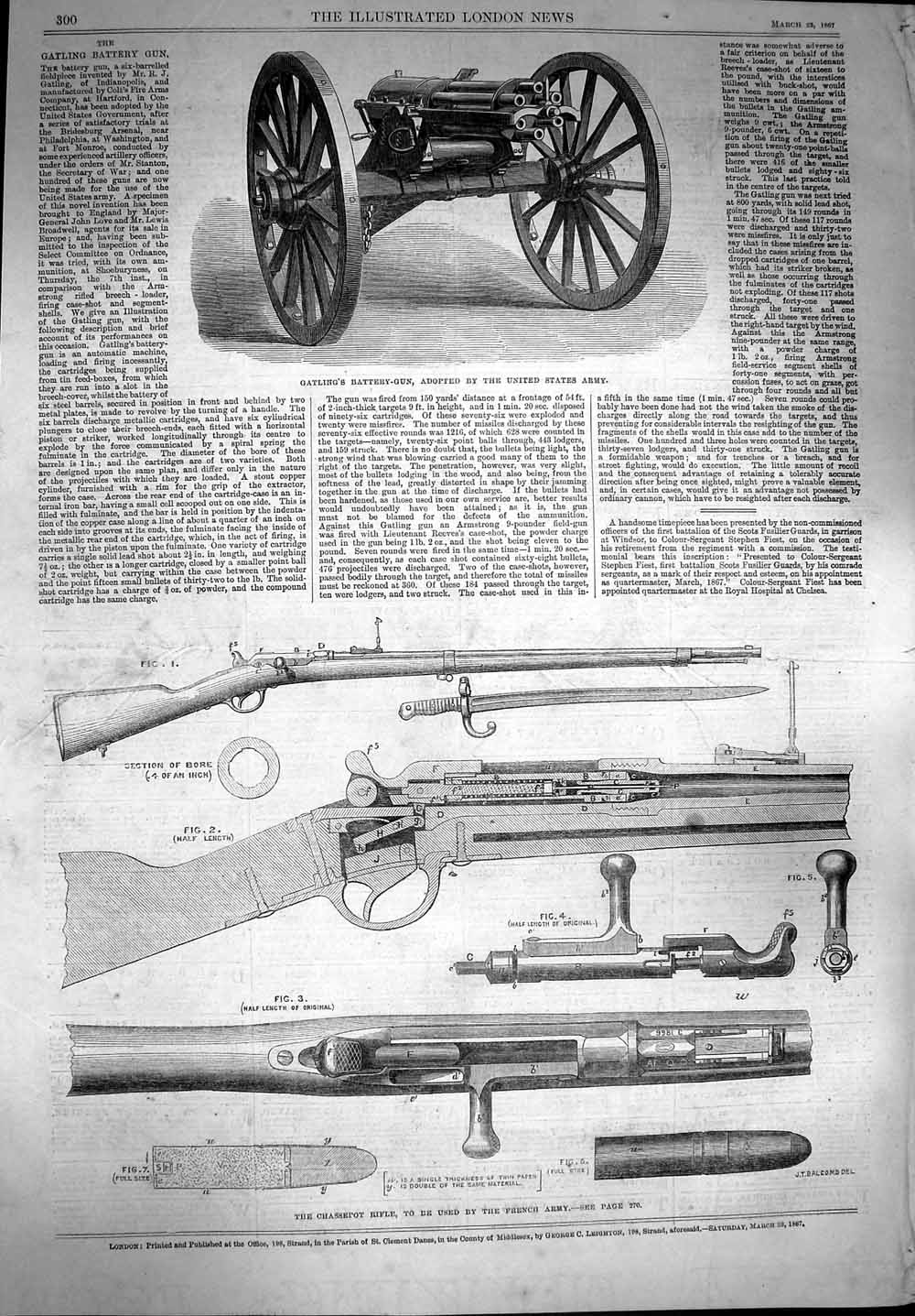 Original Old Antique Print 1867 Gatling Battery-Gun Cahssepot Rifle Fren 19th