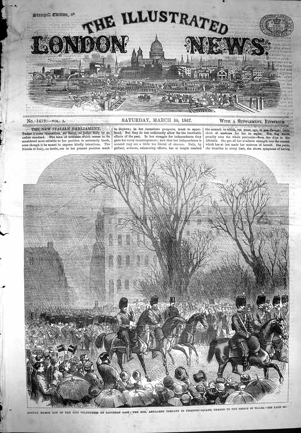 Old Antique Print 1867 March City Volunteers Finsbury-Square Prince Wales 19th