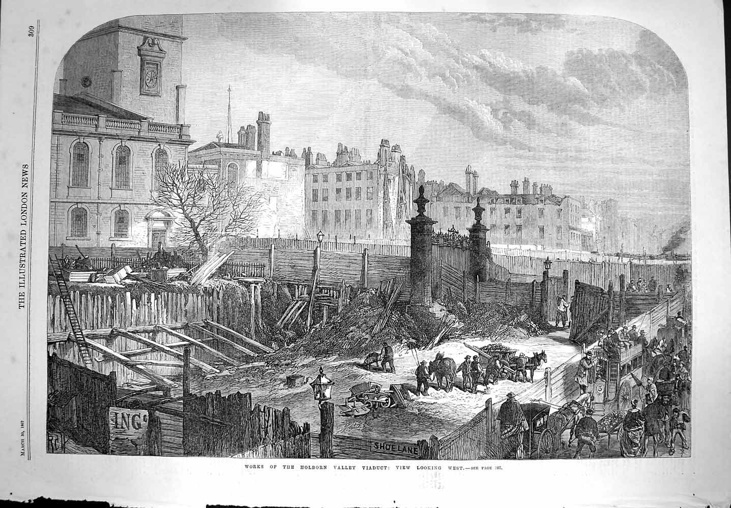 Original Old Antique Print 1867 Works Holborn Valley Viaduct Buildings Fine Art