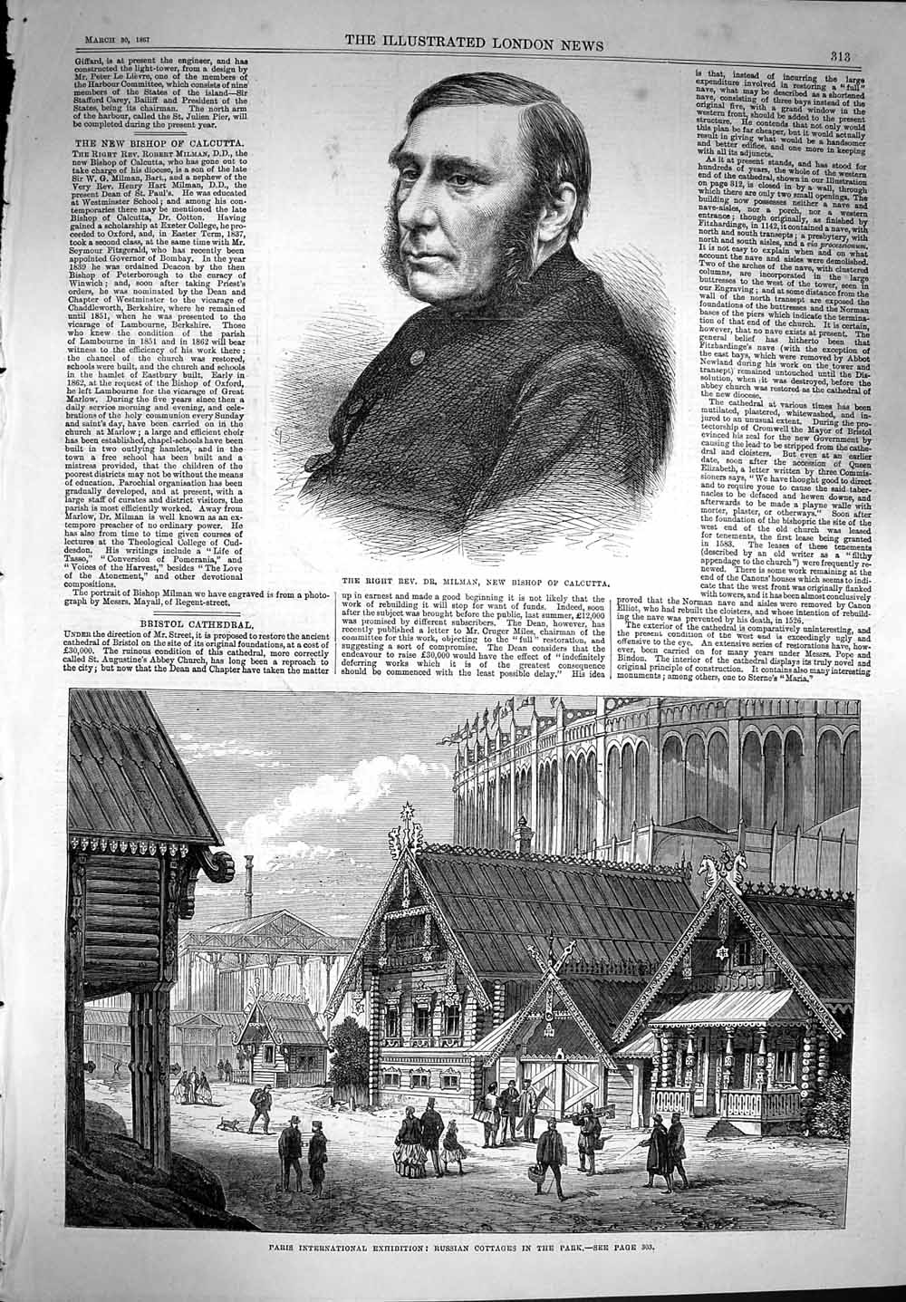 Old Antique Print 1867 Milman Bishop Calcutta Russian Cottages Paris Park 19th