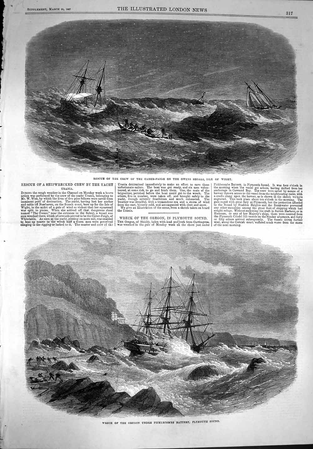 Original Old Antique Print 1867 Ship Caber-Faigh Owens School Isle Wight Oregon