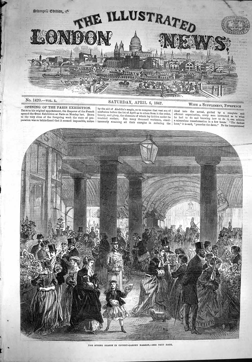 Original Old Antique Print *3608 1867 Spring Season Covent Garden Market London