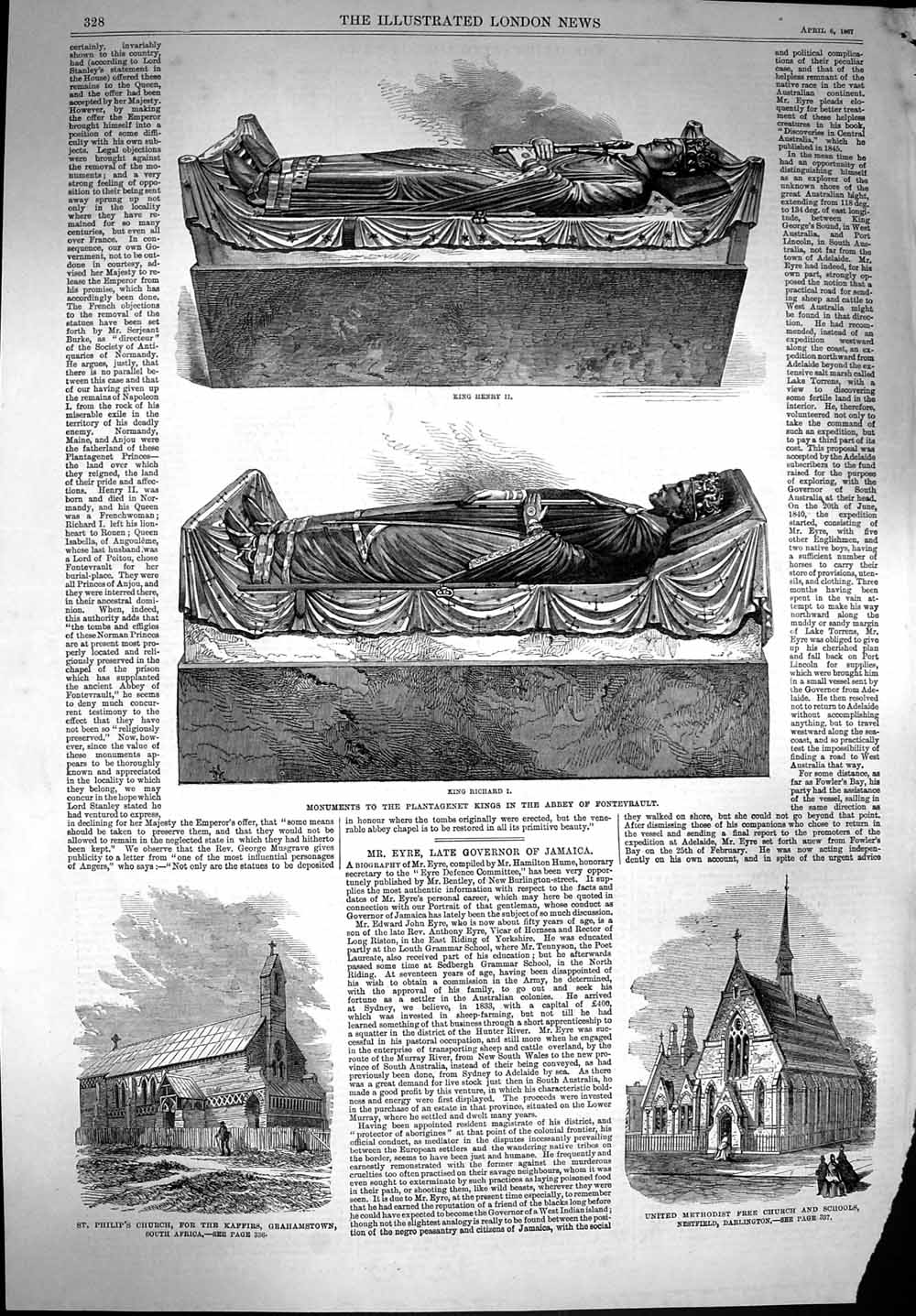 Old Antique Print 1867 King Richard Henry Abbey Fontevrault Church Africa 19th