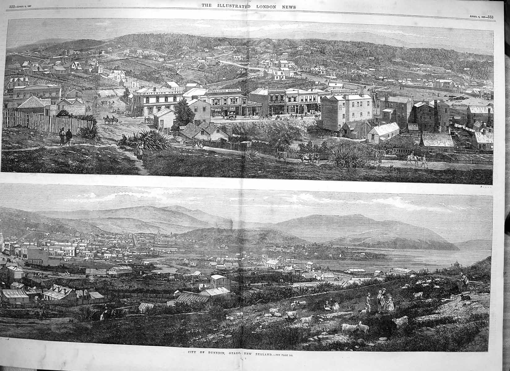 Original Old Antique Print 1867 View City Dunedin Otago New Zealand F Victorian