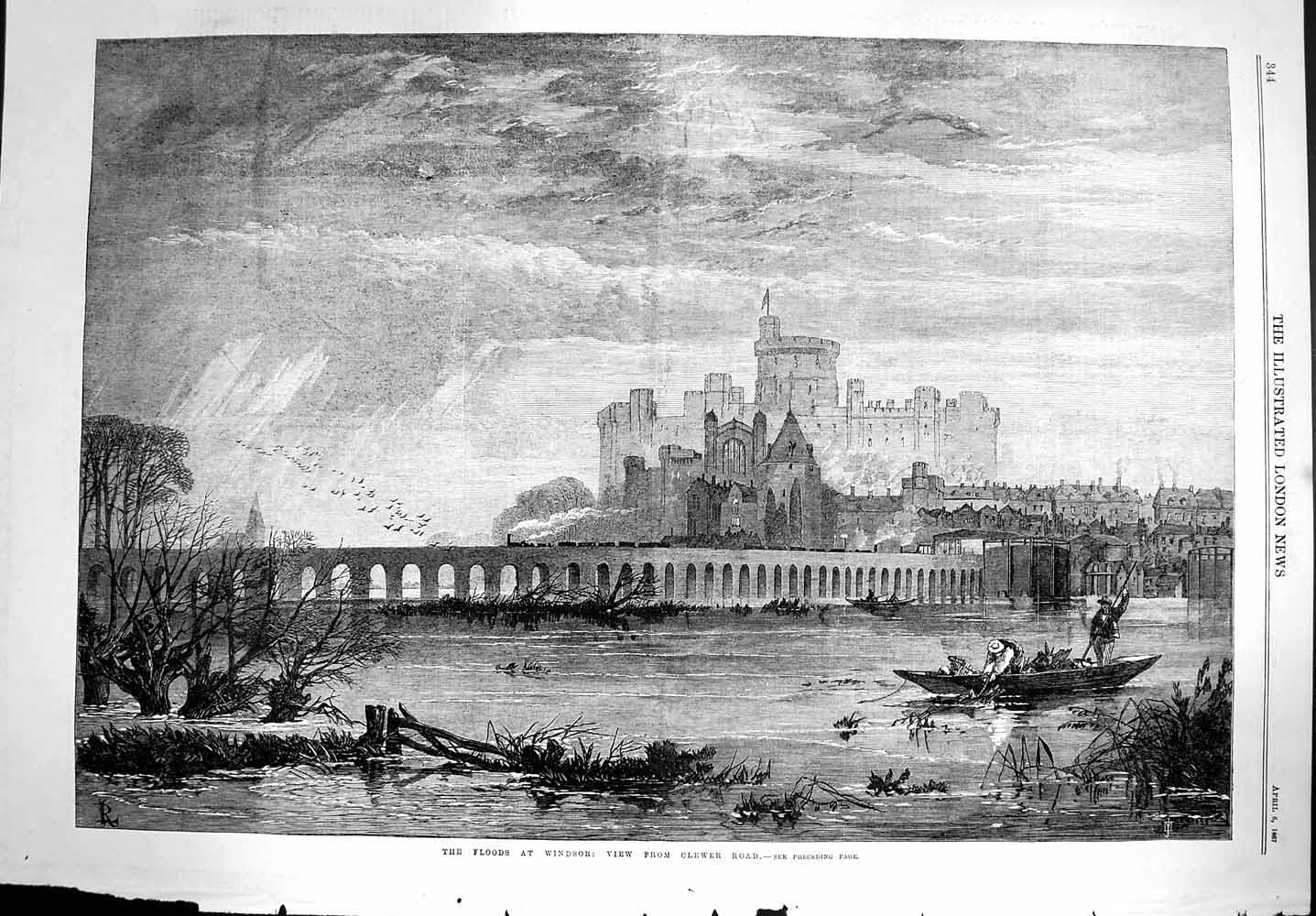 Old Antique Print 1867 Floods Windsor Clewer Road Castle London Fine Art 19th