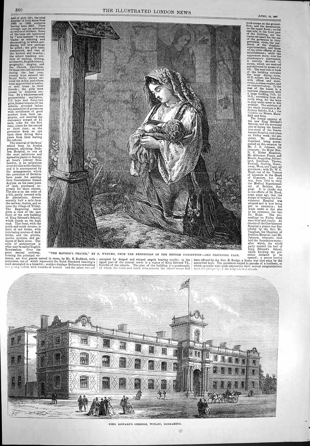 Old Antique Print 1867 King Edward'S Schools Witley Godalming Mother Baby 19th