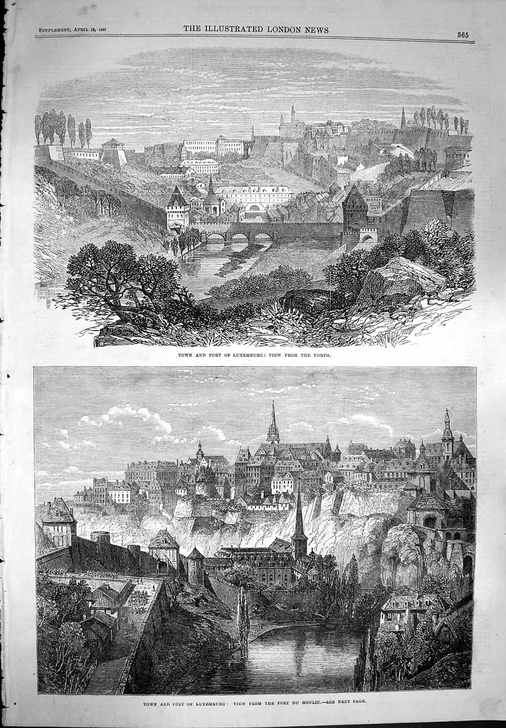 Original Old Antique Print 1867 View Town Fort Luxemburg Du Moulin River Bridge