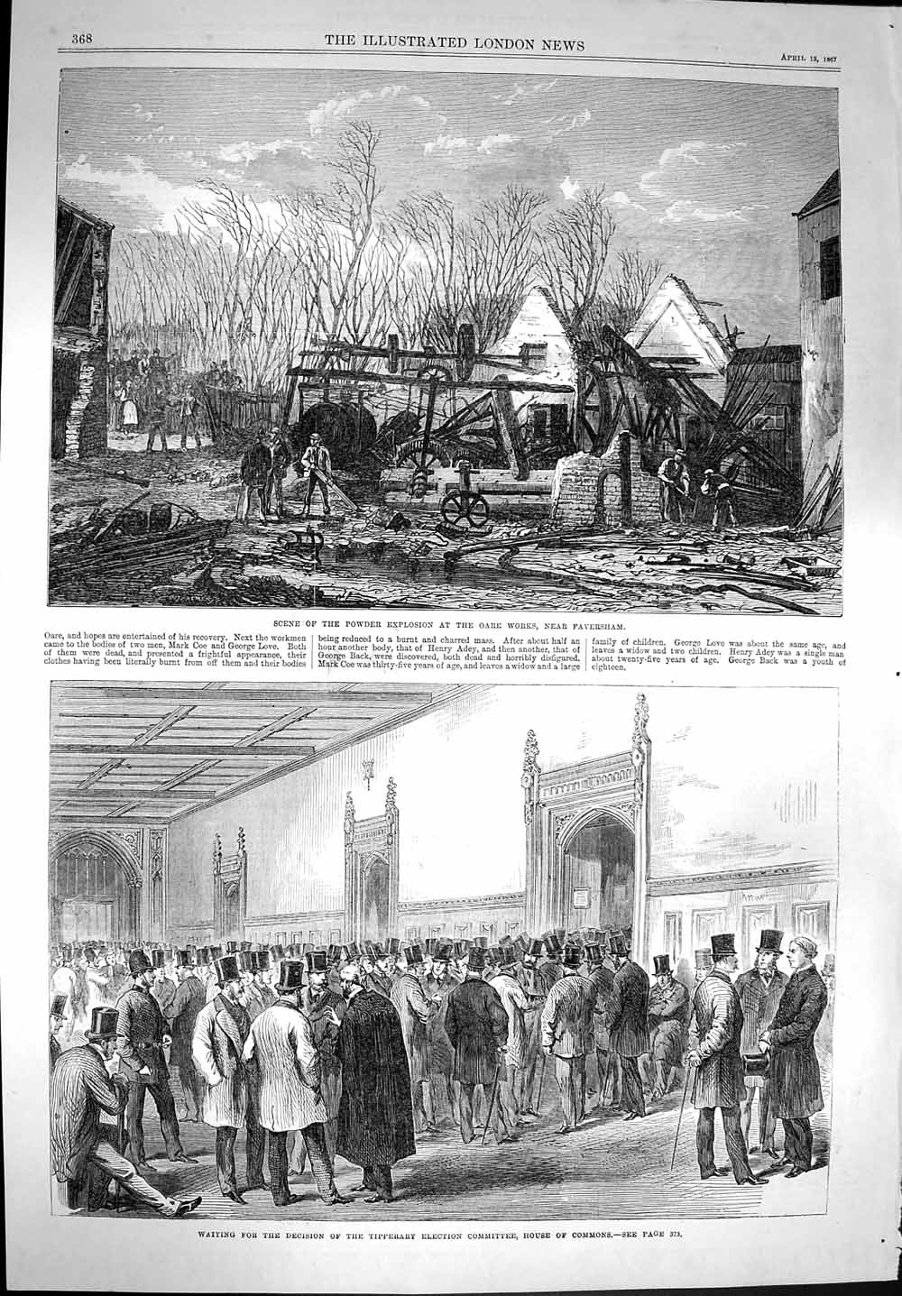 Original Old Antique Print 1867 Powder Explosion Oare Faversham House Commons